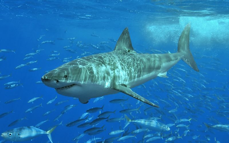 A great white shark swimming side-on through open blue water, with a school of small fish below it